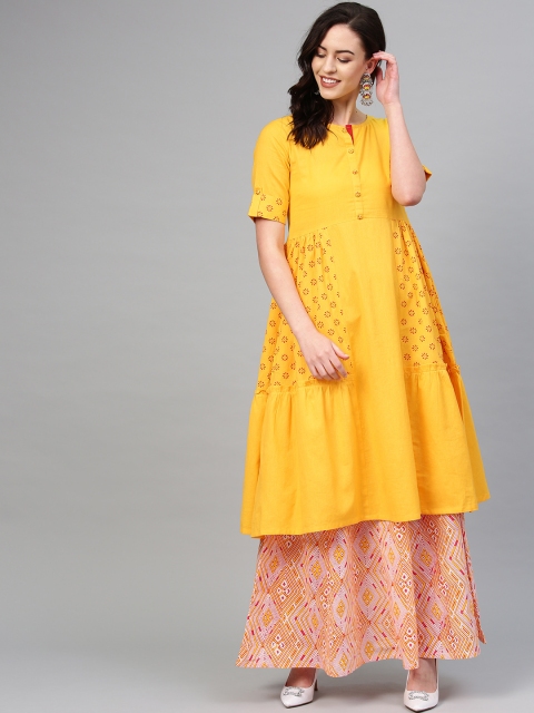 

Tulsattva Women Mustard Yellow Printed Kurta with Skirt