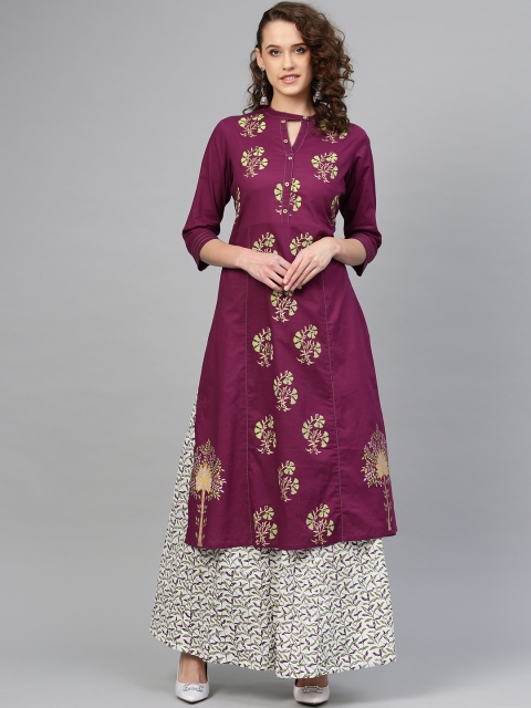 

Tulsattva Women Purple & White Block Print Kurta with Skirt