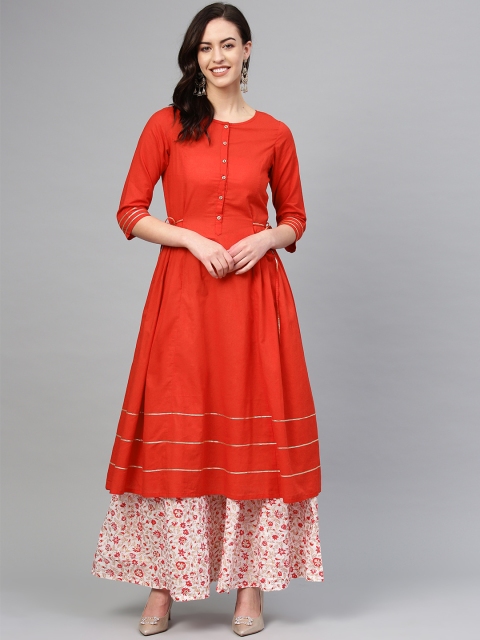 

Tulsattva Women Red & White Solid Kurta with Printed Skirt