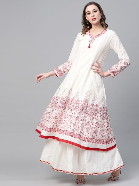 

Tulsattva Women Off-White & Red Block Printed Anarkali Kurta with Skirt