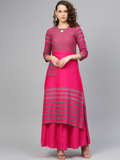 

Tulsattva Women Pink & Green Block Print Kurta with Skirt