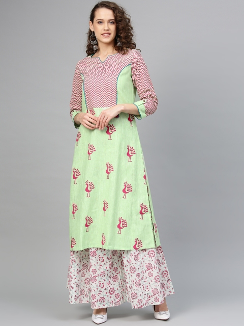 

Tulsattva Women Green & Magenta Block Print Kurta with Skirt