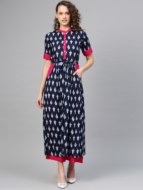 

Tulsattva Women Navy Blue Ikat Print Kurta with Skirt