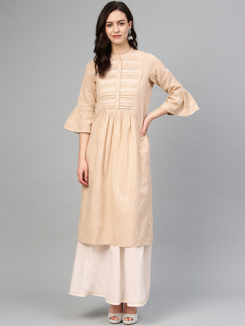 

Tulsattva Women Beige & Off-White Self Design Kurta with Skirt
