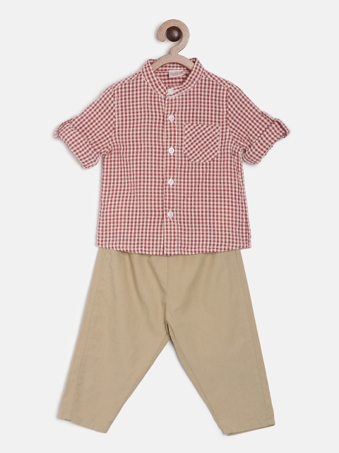 

Aomi Infant Boys Cream-Coloured & Maroon Checked Shirt with Trousers
