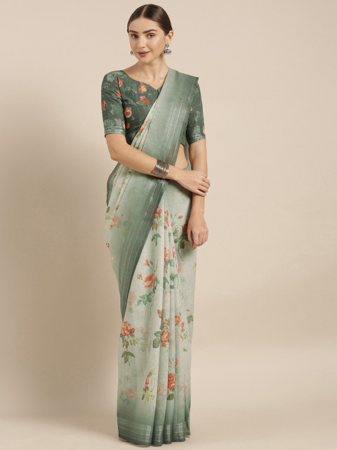 

V SALES Green & Grey Linen Blend Printed Saree