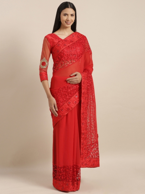 

V SALES Red Embroidered Poly Georgette Saree With Sequinned Details