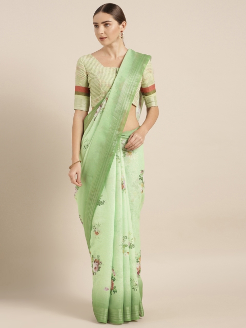 

V SALES Green & Pink Linen Blend Printed Saree