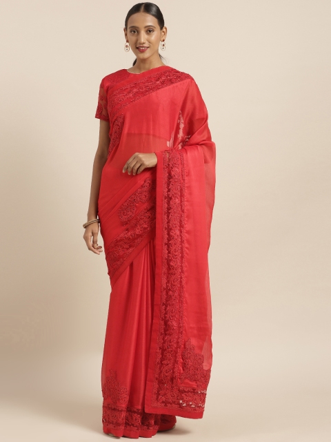 

V SALES Red Solid Poly Chiffon Saree With Embroidered Detail