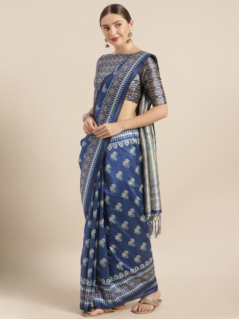 

V SALES Navy Blue Printed Poly Silk Saree