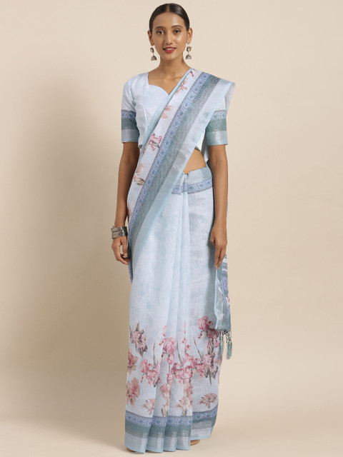 

V SALES Blue Printed Linen Blend Saree