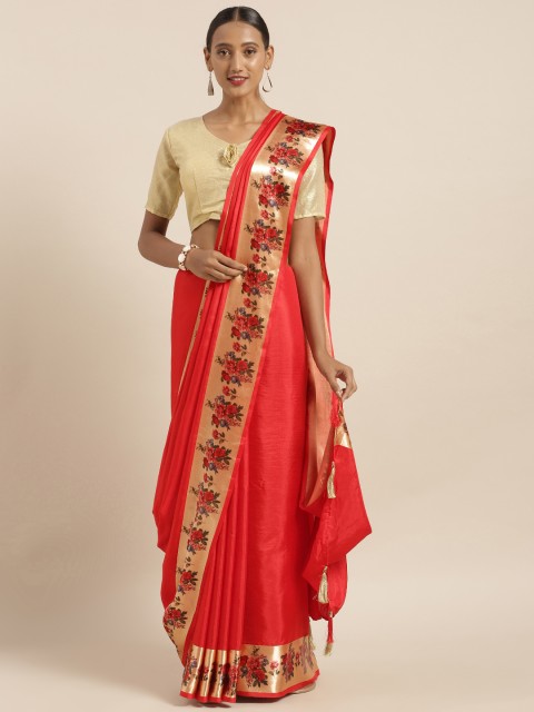 

V SALES Red Art Silk Solid Kanjeevaram Saree