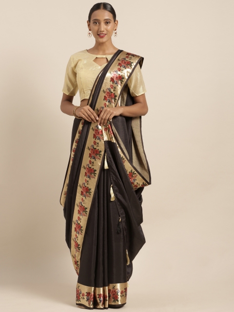 

V SALES Black Art Silk Solid Kanjeevaram Saree