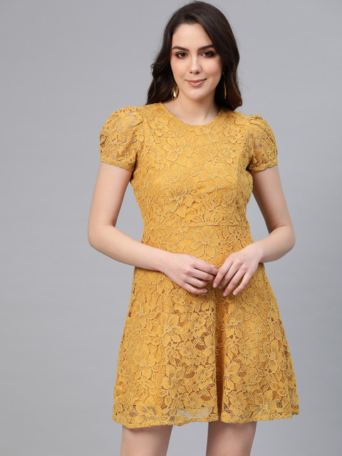 

COVER STORY Women Mustard Yellow Lace A-Line Dress