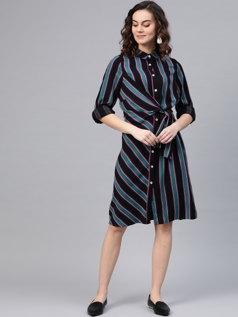 

COVER STORY Women Black & Teal Green Striped Shirt Dress