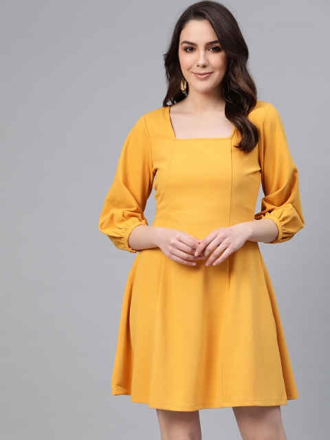 

COVER STORY Women Mustard Yellow Solid Fit and Flare Dress