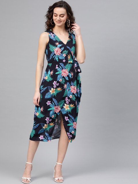 

COVER STORY Women Navy Blue & Sea Green Tropical Print Wrap Dress