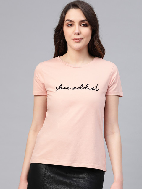 

COVER STORY Women Pink Solid Round Neck T-shirt