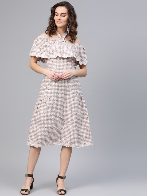 

COVER STORY Women Off-White & Pink Checked & Schiffli Embroidered A-Line Dress