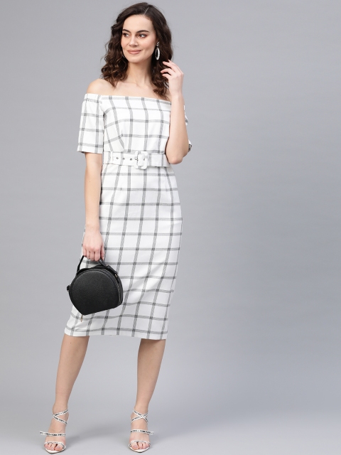 

COVER STORY Women White Checked A-Line Dress