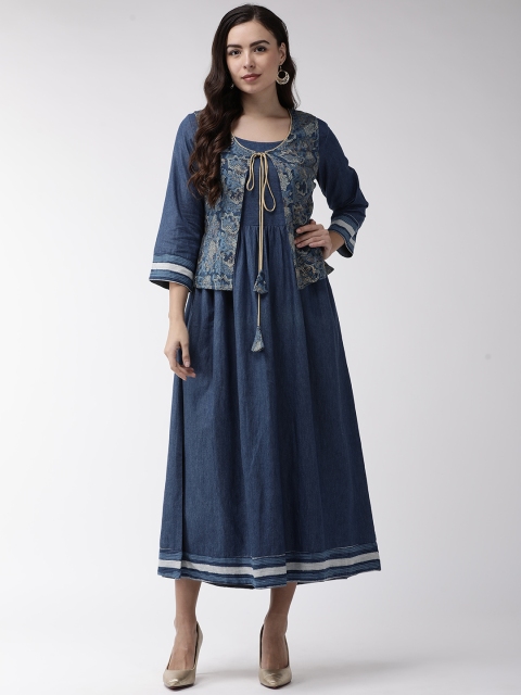 

RANGMAYEE Women Navy Blue Chambray Layered Maxi Dress