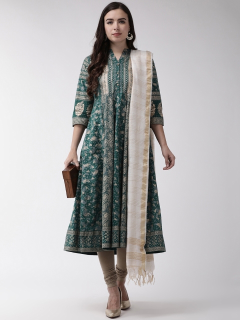 

RANGMAYEE Women Green & Beige Printed Empire A-Line Kurta with Churidar & Dupatta