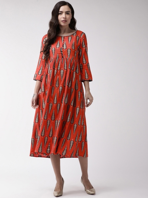 

RANGMAYEE Women Orange & Navy Blue Leaf Printed Empire Dress