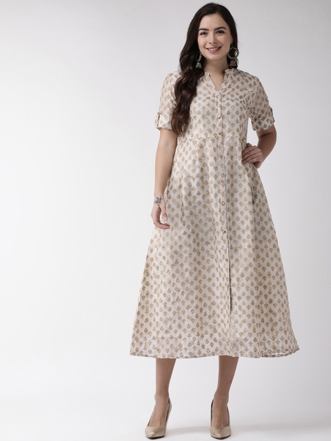 

RANGMAYEE Women Off-White & Golden Self-Design Jacquard Chanderi A-Line Dress
