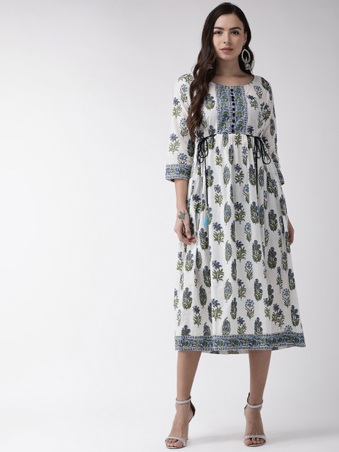 

RANGMAYEE Women White & Blue Floral Print Empire Dress