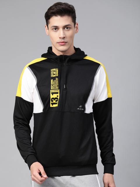 

Alcis Men Black & White Solid Running Hooded Sweatshirt