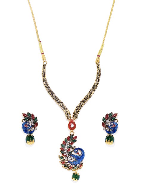 

Mahi Blue & Gold-Plated CZ Studded Traditional Jewellery Set