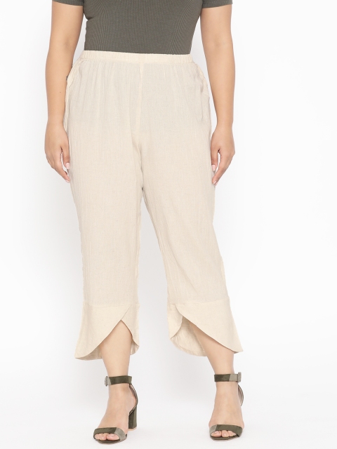 

Revolution Plus Size Women Cream-Coloured Regular Fit Linen Cropped Solid Trousers