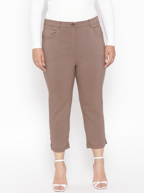 

Revolution Plus Size Women Brown Slim Fit Solid Regular Cropped Trousers