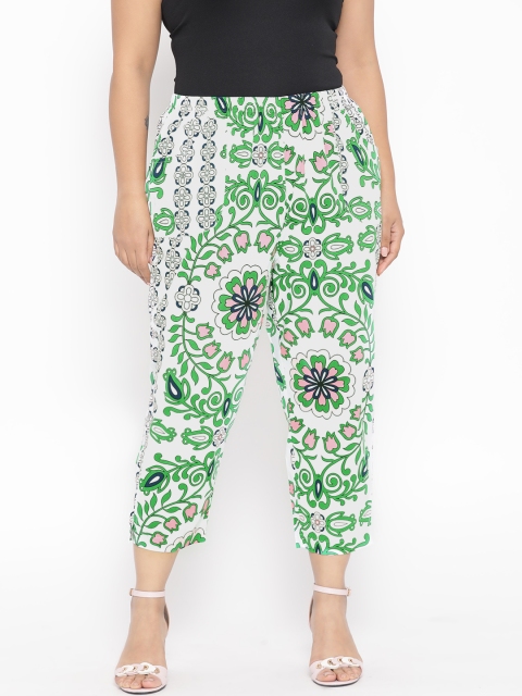 

Revolution Plus Size Women White Green Printed Cropped Regular Trousers