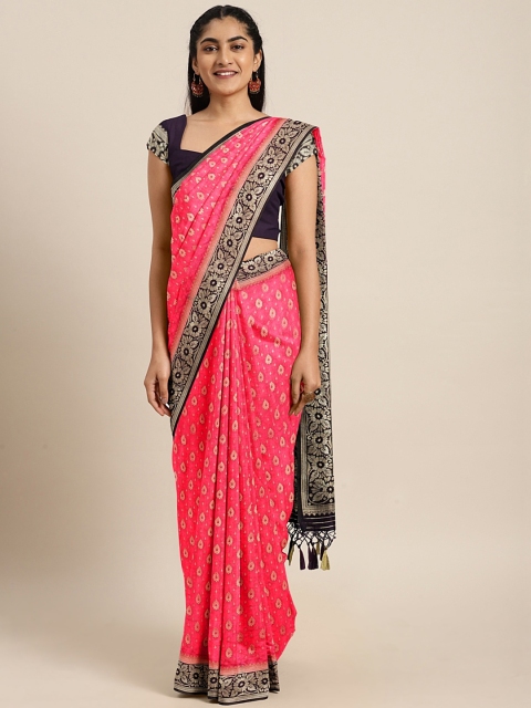 

aamna Pink & Gold-Toned Art Silk Woven Design Kanjeevaram Saree
