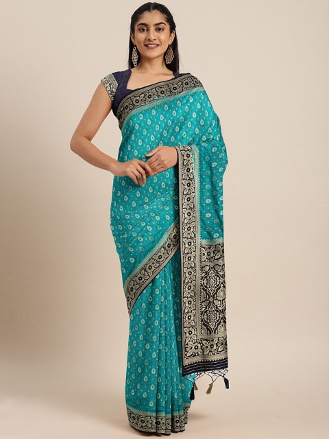 

aamna Teal & Silver-Toned Art Silk Woven Design Kanjeevaram Saree