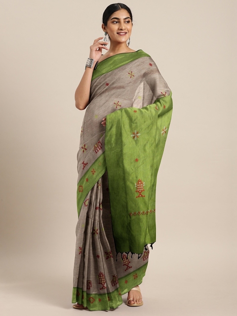 

aamna Grey Silk Cotton Embroidered Narayan Peth Saree