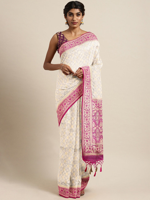 

aamna Cream-Coloured & Pink Art Silk Woven Design Kanjeevaram Saree