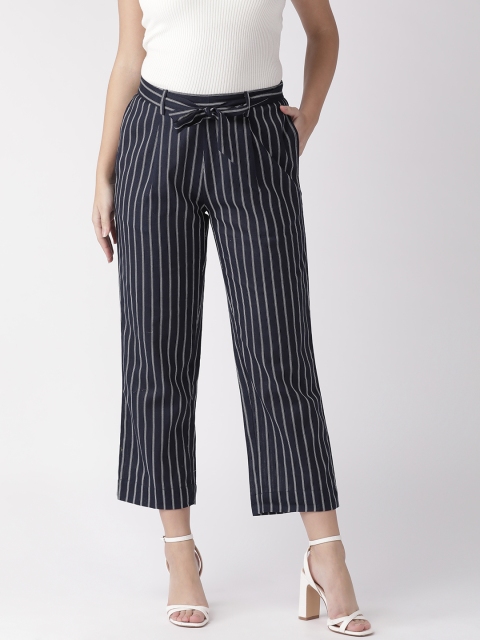 

WISSTLER Women Navy Blue & White Skinny Fit Striped Cropped Regular Trousers