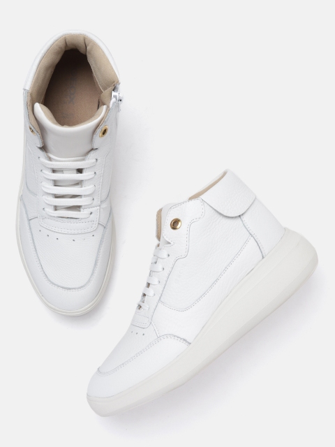 

Geox Women White Solid Leather Mid-Top Sneakers