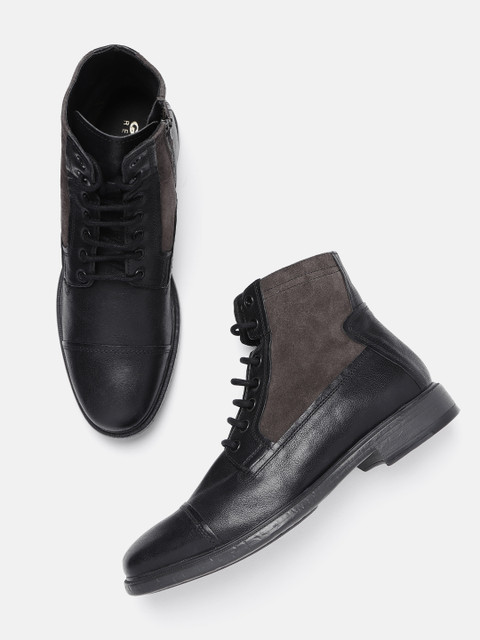 

Geox Men Black Solid Leather Mid-Top Flat Boots