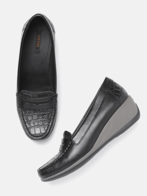 

Geox Women Black Crocodile Textured Leather Heeled Loafers