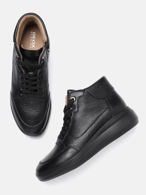 

Geox Women Black Solid Leather Mid-Top Sneakers