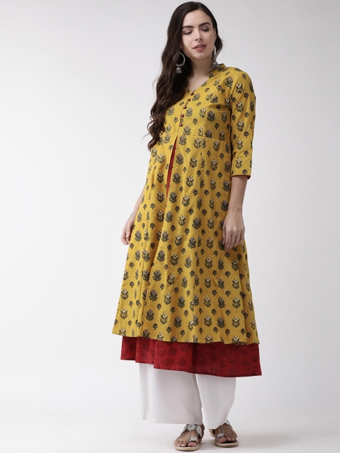 

RANGMAYEE Women Mustard Yellow & Green Printed Layered A-Line Kurta