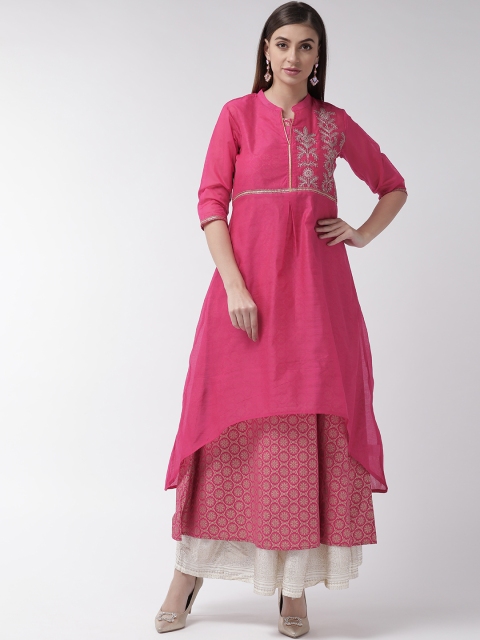 

RANGMAYEE Women Pink & Golden Foil Print Detail Layered A-Line Kurta
