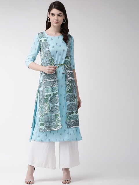 

RANGMAYEE Women Blue & Green Block Print Layered A-Line Kurta