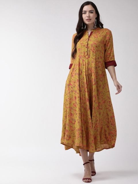 

RANGMAYEE Women Mustard Yellow & Pink Floral Printed Maxi Dress