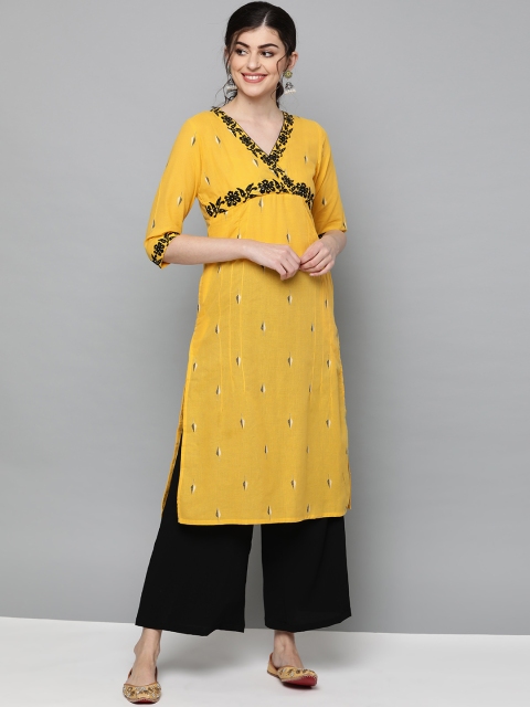

HERE&NOW Women Yellow & Black Woven Design Straight Kurta