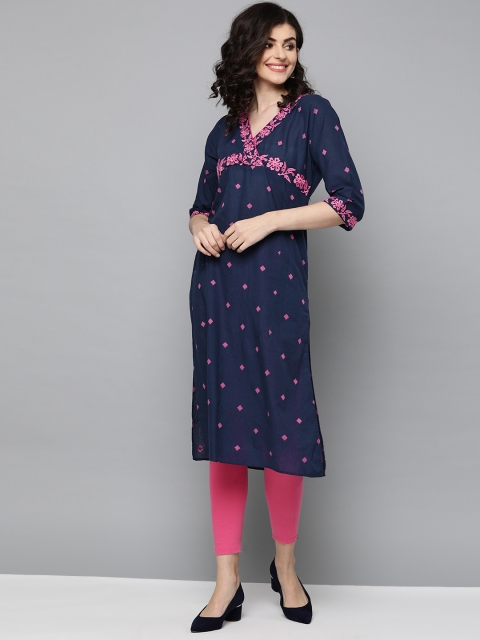 

HERE&NOW Women Navy Blue & Pink Woven Design Straight Kurta