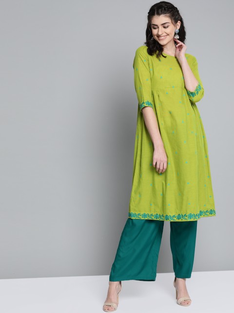 

HERE&NOW Women Green Woven Design A-Line Kurta